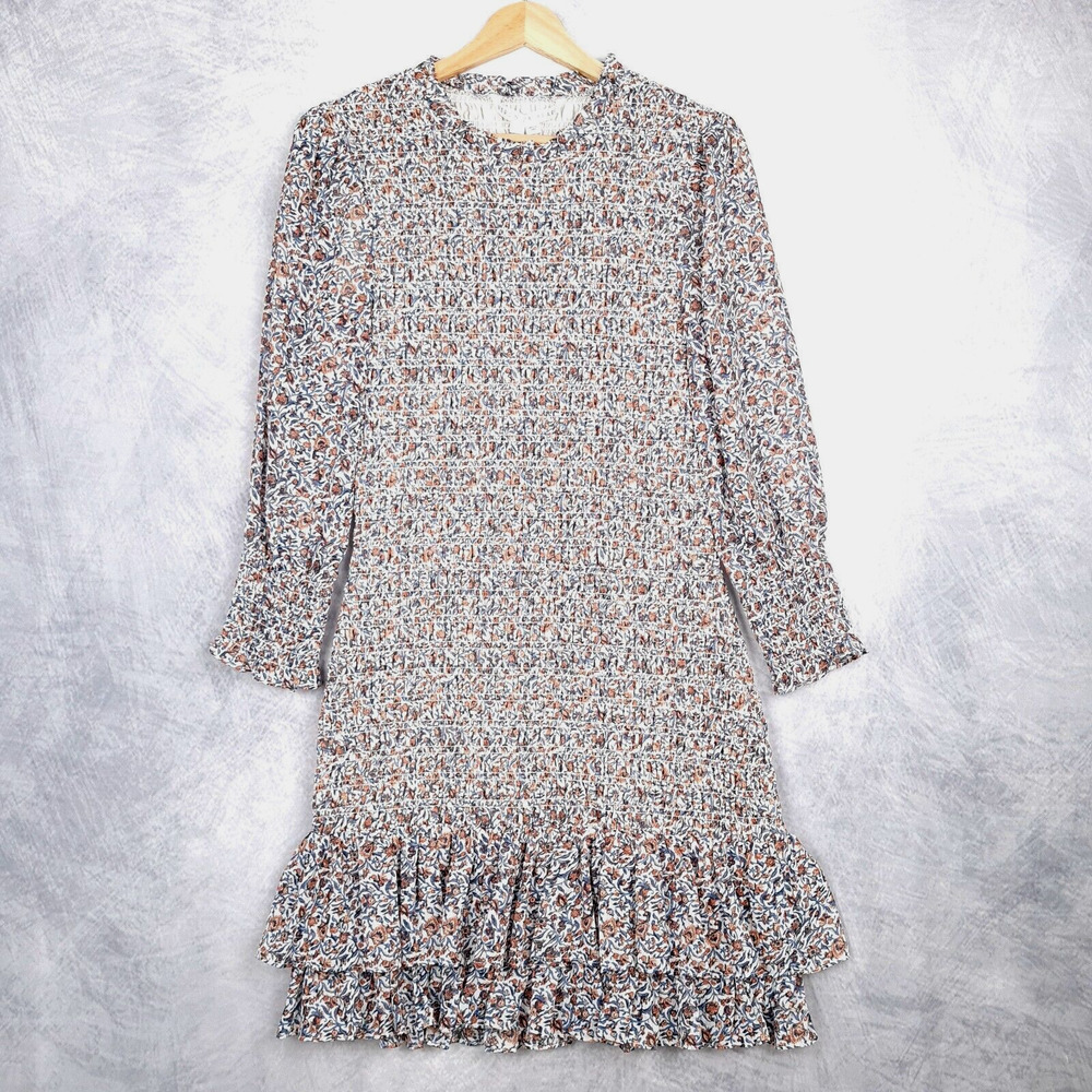 Veronica Beard Dress Womens 2 Blue Floral Smocked Flounce Ruffle Tiered Mini